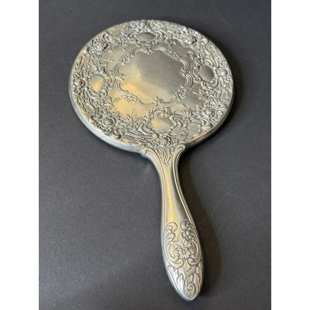 Vintage Vanity Set of 3 Repousse Floral Silver Tone Mirror, Brush & Comb EUC